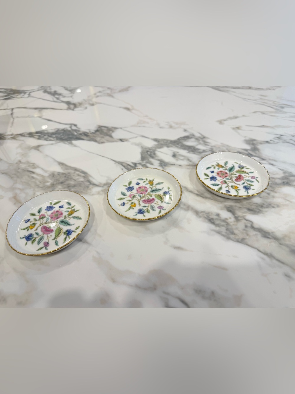 3 Vintage Minton Haddon Hall Trinket Plates: Bone China Floral, Gold Rim